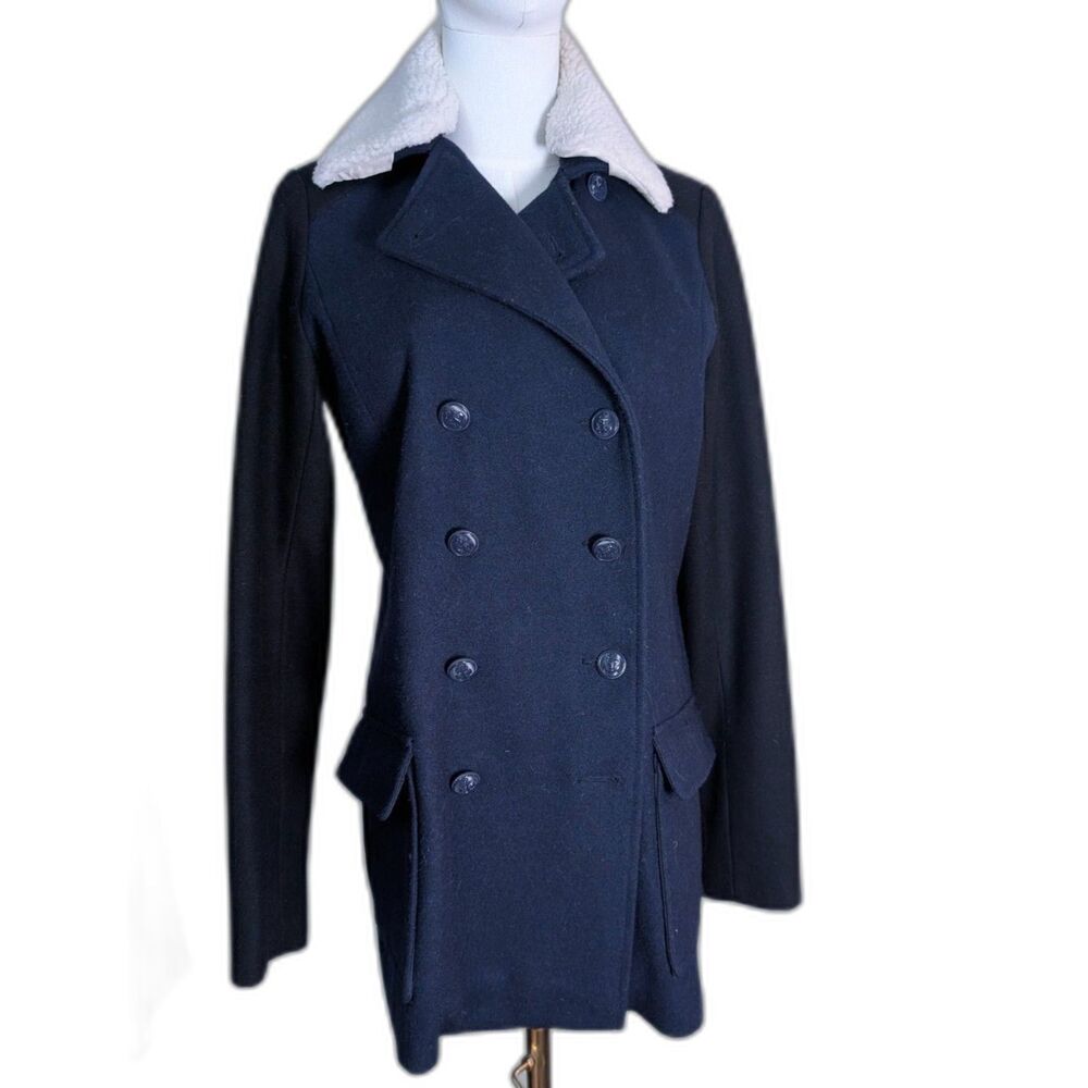 Tommy Hilfiger Wool Blend Peacoat S Petite Navy Black Sherpa Collar Anchor